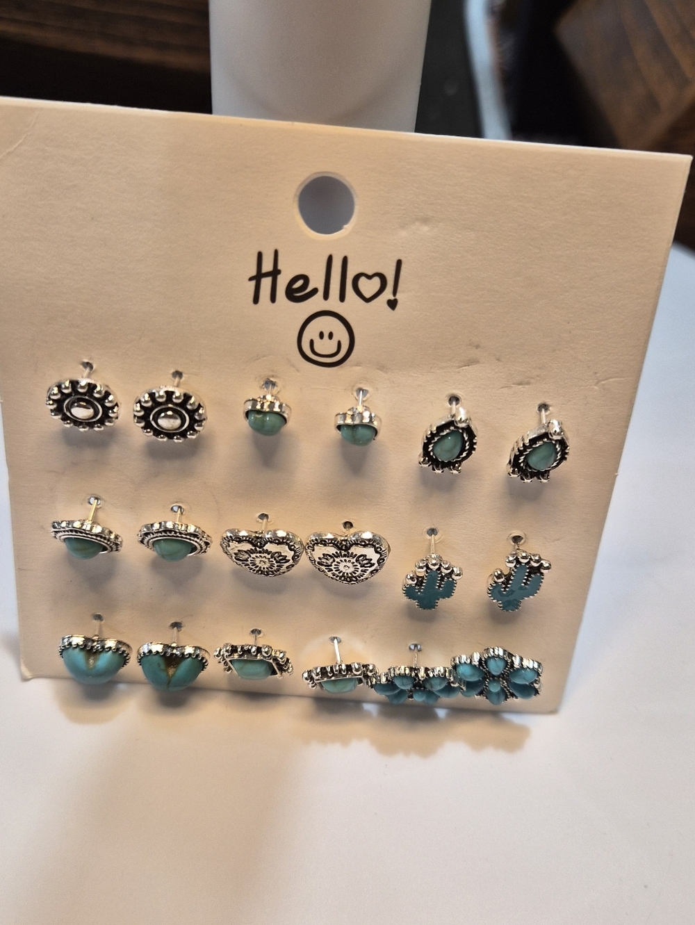 Turquoise Silver-Tone Stud Earring Set - 9 Pairs Western
